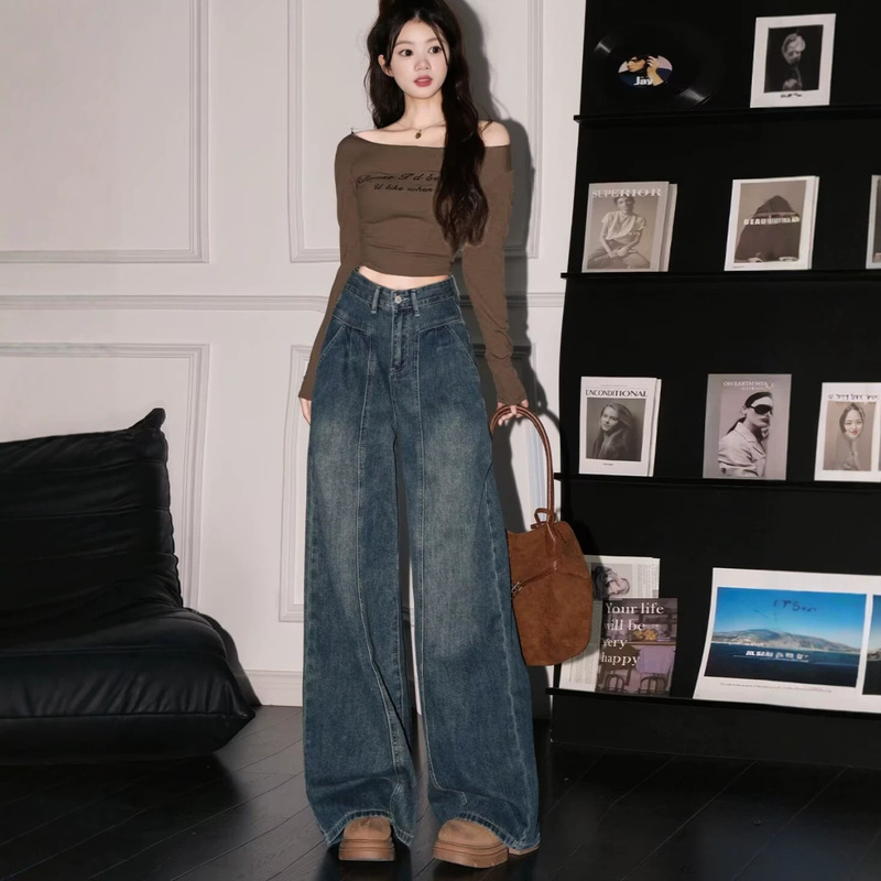 American retro blue jeans for women, spring/summer 2026 new style, plus-size, loose, slimming, high-waisted, straight-leg, wide-leg pants