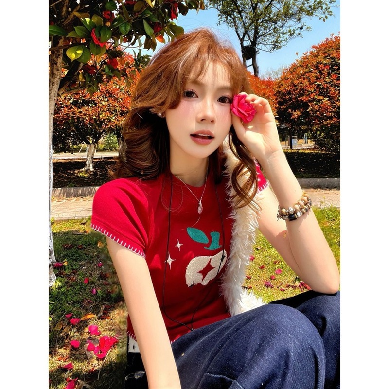 ドーパミンウェア右肩半袖レディースアップル刺繍レッドTシャツスリムフィットスイートトップ外国貿易クロスボーダー|undefined