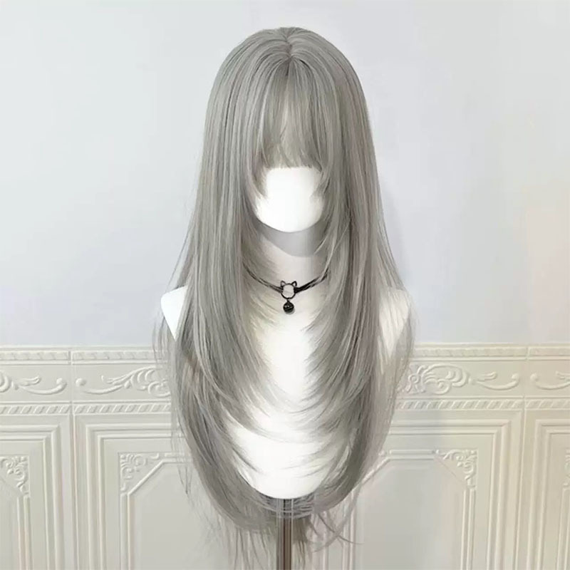 Fashionable Women's Wig, Silver-Gray High-Layered Straight Hair with Bangs, Vintage Style, Realistic Scalp Full Wig Fashionable Women's Wig, Silver-Gray High-Layered Straight Hair with Bangs, Vintage Style, Realistic Scalp Full Wig