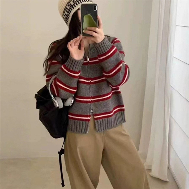 韩系慵懒风条纹拉链毛衣外套女秋冬新款宽松显瘦百搭针织开衫上衣|undefined