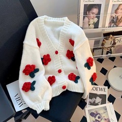 欧米の国境を越えた立体花ニットカーディガン女性秋冬の新しい甘いvネックの短いファッションセーターのコート女性