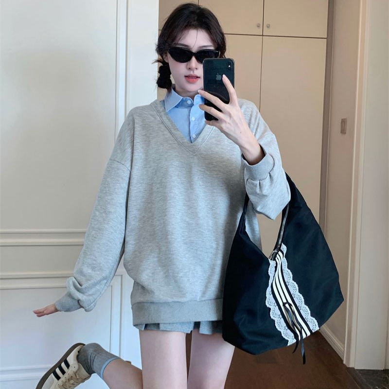 Korean Preppy Style Polo Collar Sweatshirt for Women 2025 Autumn New Style Small Loose Fake Two-Piece Shirt Long-Sleeved Top