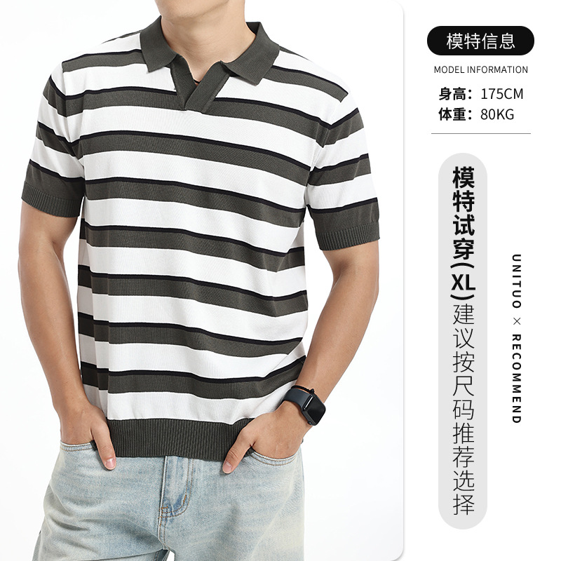 Europa y Estados Unidos transfronterizos hielo de punto polo camiseta de hombre de alto nivel de negocios ocio rayas de verano de manga corta camiseta