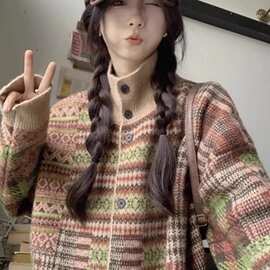 毛衣女秋冬慵懒风复古宽松百搭撞色拼接高领针织衫中长款过膝外套
