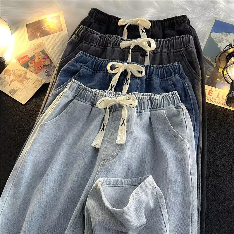 Southeast Asia's Most Popular Elastic Waist Jeans for Men, Wide-Leg Floor-Length Pants for Men, Trendy Loose Straight-Leg Wide-Leg Pants