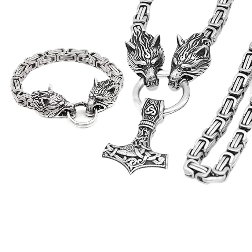 Foreign Trade Explosions Retro Nordic Viking Rune Hammer Pendant Wolf Head Necklace Bracelet Jewelry suit Stainless Steel Chain