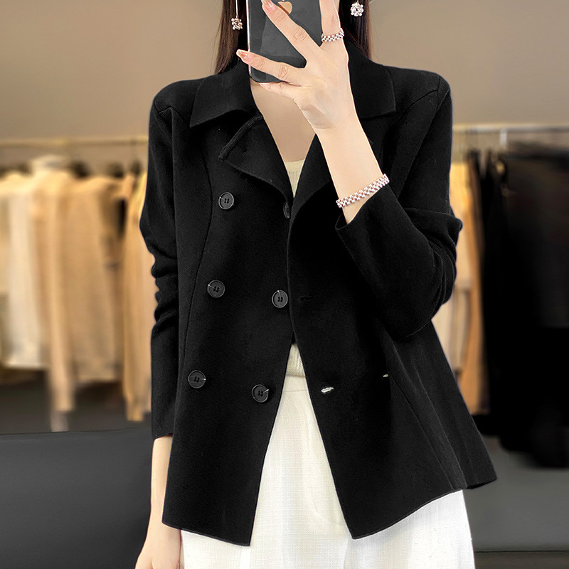 2024 spring new suit jacket fashion temperament solid color lapel sweater top short sweater cardigan