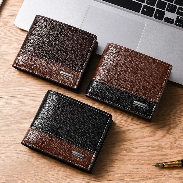 Men's Short Wallet with Zipper Men's Coin Purse High-end Horizontal Litchi Pattern Leather Wallet Multi-Card Business Wallet