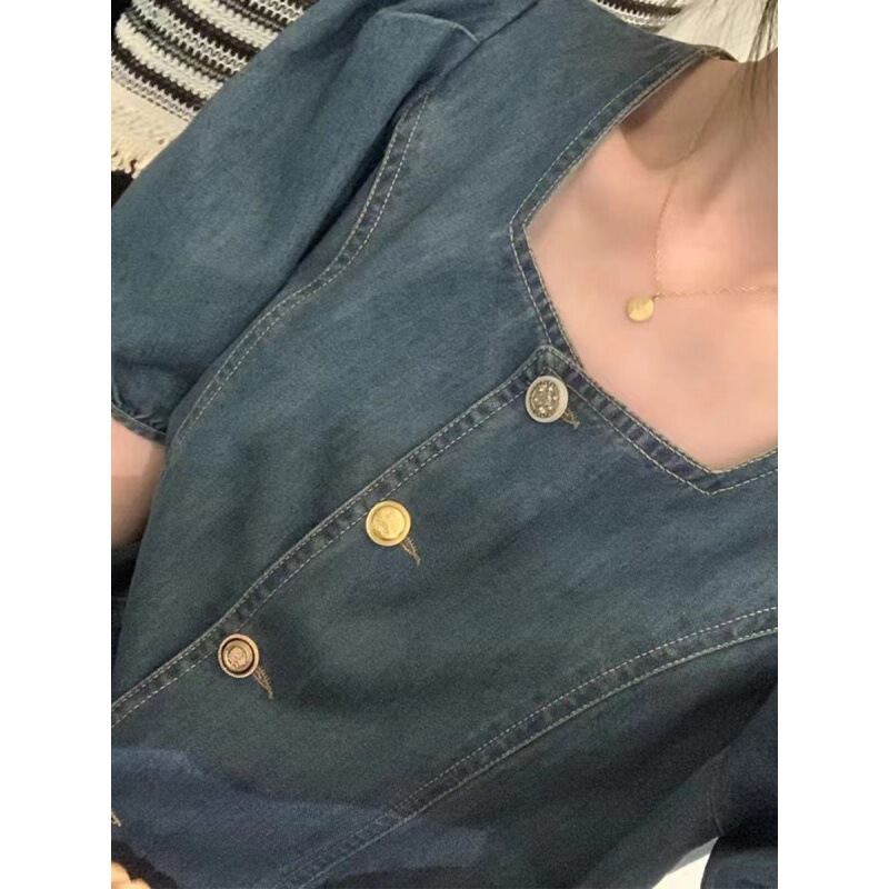 Hong Kong Style Square Collar Puff Sleeve Denim Shirt for Women, Short Style, New Summer Style Top for Petite Figures