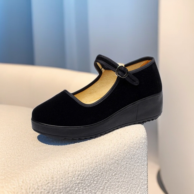 春夏プラットフォームソール古い北京布靴女性用ブラック 4cm ウェッジヒール女性用作業靴浅い口ダンスシューズ|undefined