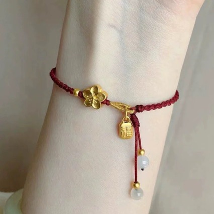 Small Peach Blossom Electroplated Sand Gold Bracelet Women's Transfer Beads Red Rope Handmade Woven Xiao Fu Brand Hand Rope Jewelry New Style