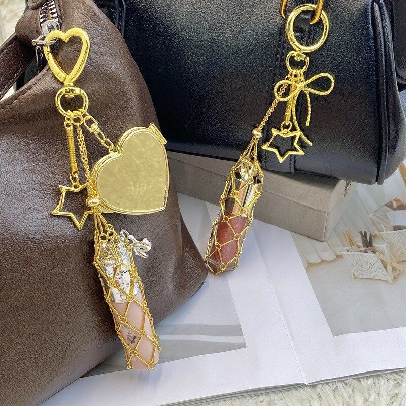 New lipstick net bag pendant keychain, metal lady's lipstick bag, fashionable hanging accessory, gold-colored bag