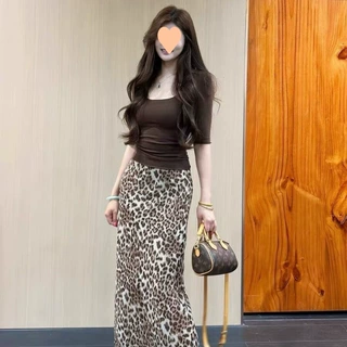 美式复古咖色中袖豹纹垂感半身裙女夏a字显瘦休闲中长裙两件套