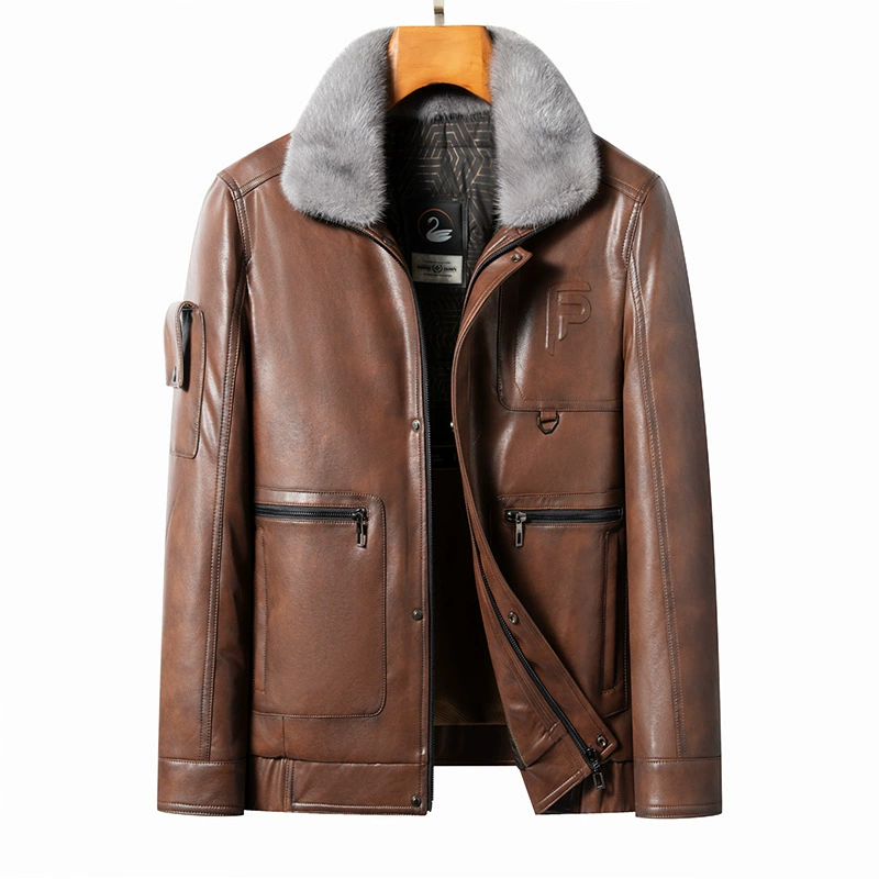 Haining кожаный пуховик мужской короткий норка шерстяной воротник Кожаная одежда модная красивая мужская кожаная куртка зимняя