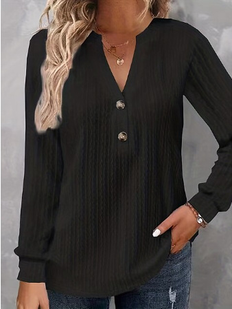 Amazon independent station 2023 European and American cross-border women's clothing autumn and winter new texture button long sleeve V-neck T-shirt long sleeve