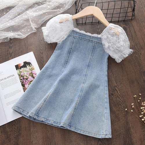 Children's fashionable dress summer new style girl's temperament pearl seersucker sleeves spliced ​​soft denim A-line skirt