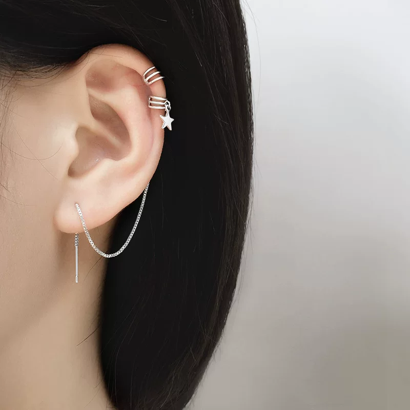 Geometric long ear clips, asymmetrical earrings, punk style