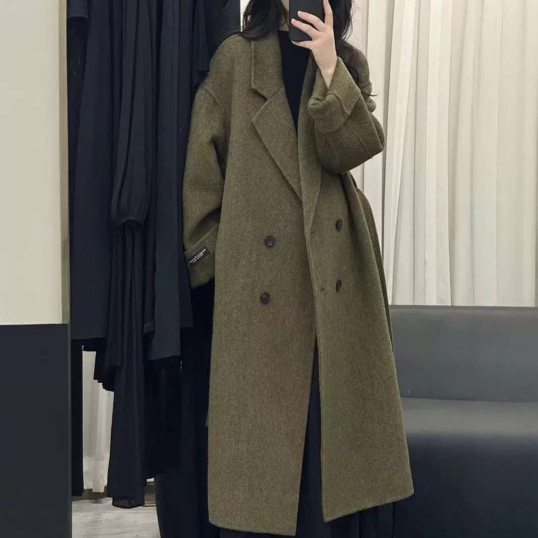올리브 그린은 24 가을과 겨울 새로운 양면 캐시미어 코트 여성의 더블 브레스트 느슨한 플러스 사이즈 울 코트