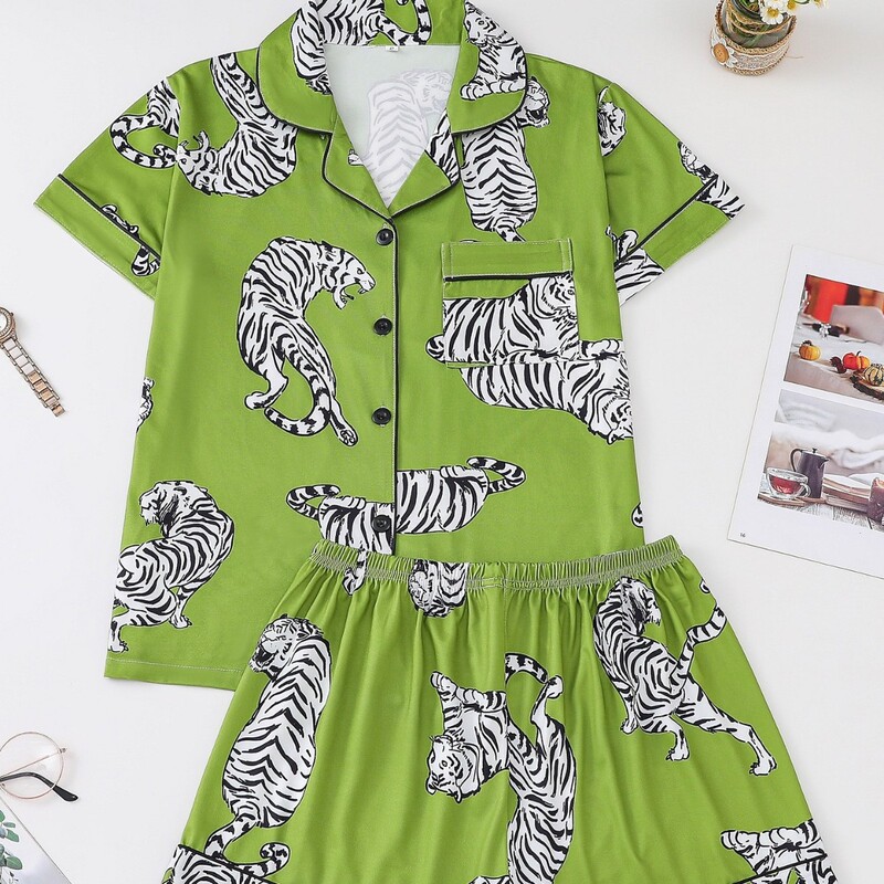 Cross-Border Foreign Trade European and American Women's Pajamas Set Tiger Print Short-Sleeved Shorts Home Clothes Set Lapel Cardigan