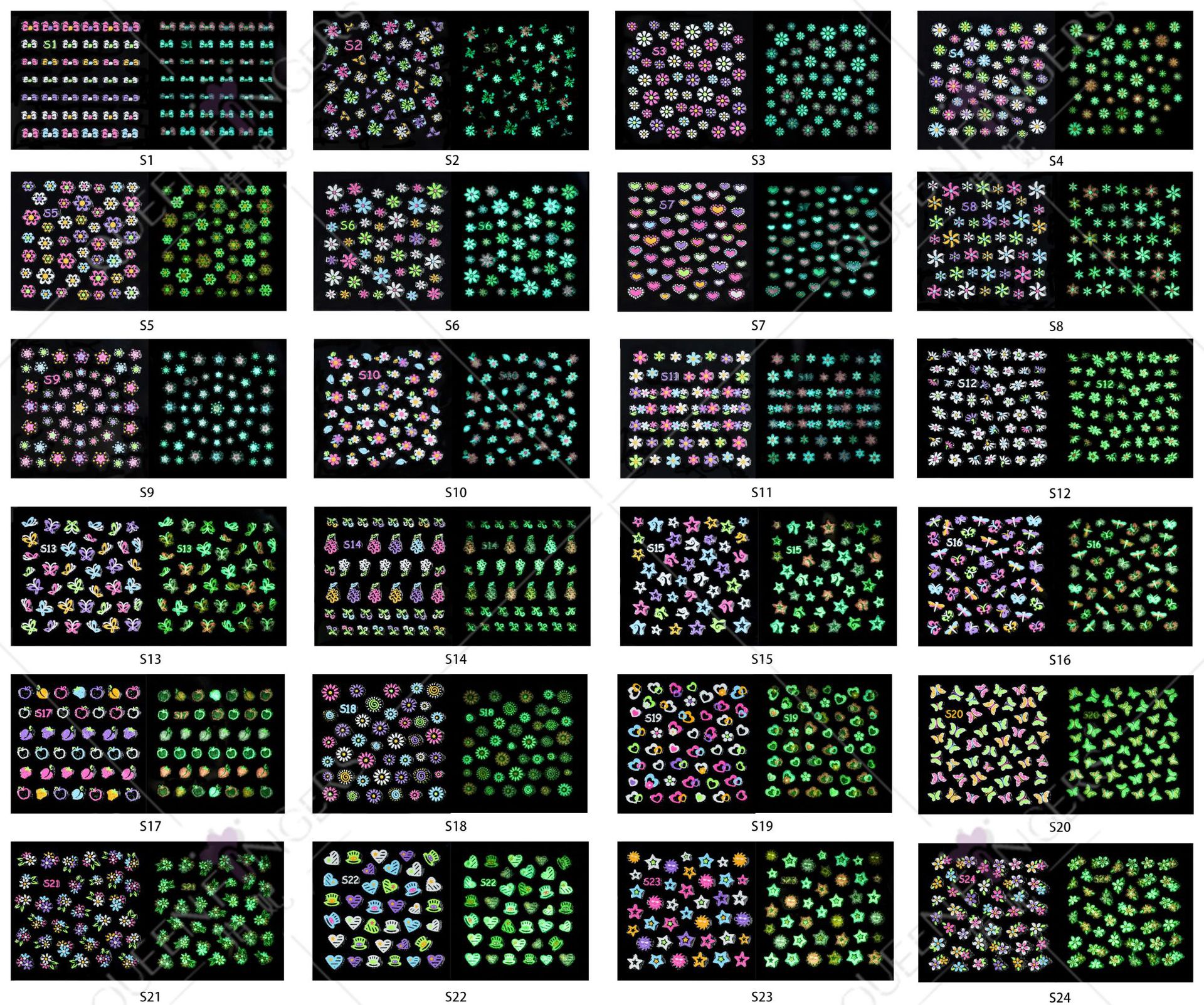 Nueva manicura luminosa mariposa pegatinas amor flor mixta manicura luminosa uñas pegatinas luminosas pegatinas de uñas