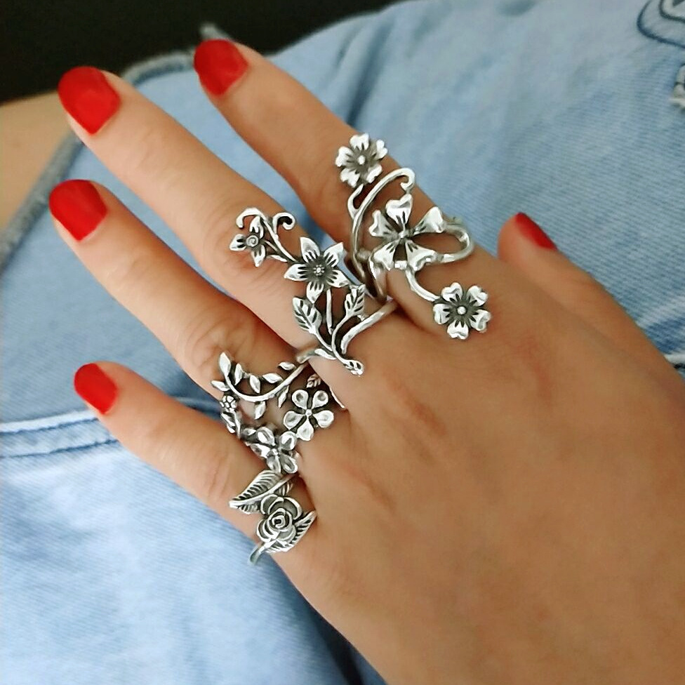 Böhmisches Weinblatt Und Blumen Ring Set, Vintage Silber Schmuck_voghion.com