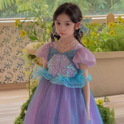 DG 2025 Spring and Summer New Girls Short-sleeved dress Sequin Mesh Puff Mermaid Princess Dress Dress Dress