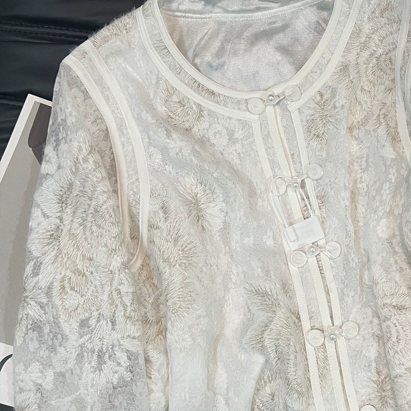 Ретро кружевная блузка весенняя, китайский стиль с вышивкой, в стиле Chanel, женская лёгкая