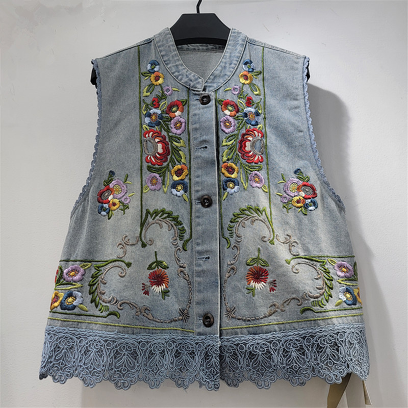 Industria pesada bordada flor chaleco de vaqueros para mujeres 2026 primavera y verano nuevo estilo collar sin mangas camisa de vaqueros casuales image 6