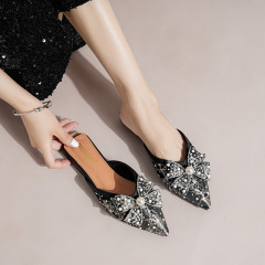 BT-D4國風新款2024無後跟半拖鞋女尖頭平跟外穿包頭涼拖大碼女鞋