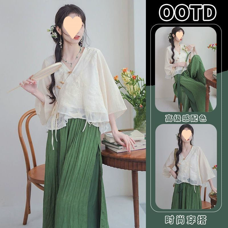 Летний традиционный китайский ханьфу в стиле дзен для женщин, новый китайский топ на пуговицах в стиле феи и широкие брюки династии Сунь, комплект из двух предметов.