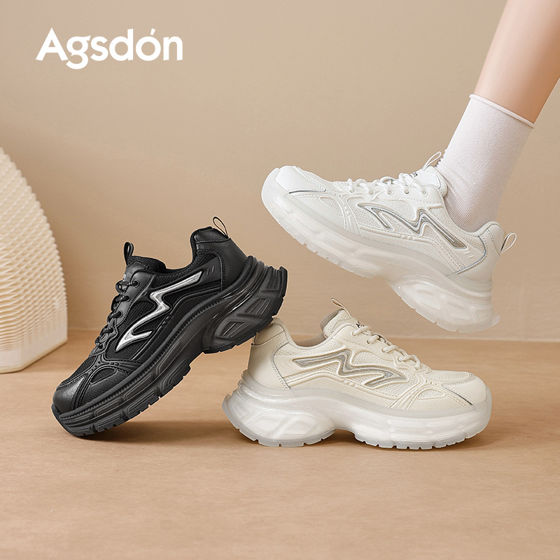 Augu Shi Deng zapatos blancos de papá y mujer 2025 nuevo estilo de otoño estilo de escuela de malla gruesa zapatillas casuales