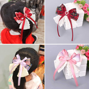Children's college plaid bow hairpin lace ribbon Korean style top clip