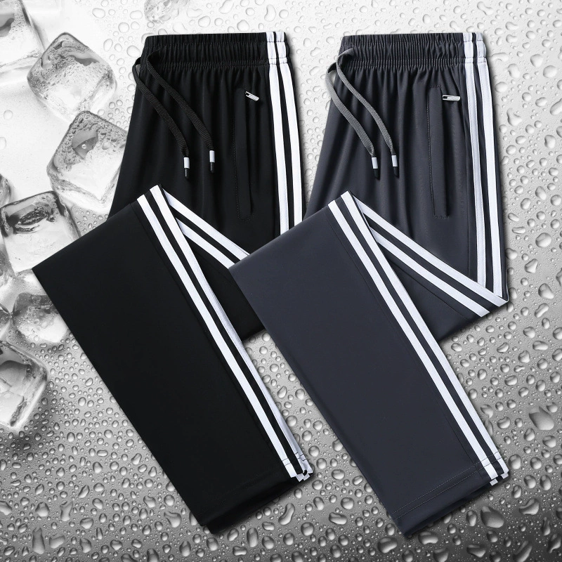 Новые летние мужские брюки из ледяного шелка большого размера с тремя полосками, свободные, повседневные, ультратонкие, модные и универсальные.