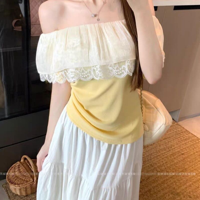 Plus Size Ruffled Splicing Lace One-Shoulder Short-Sleeved T-Shirt 2025 New Fat mm Slimming Look and Flesh-Covering Off-Shoulder Top