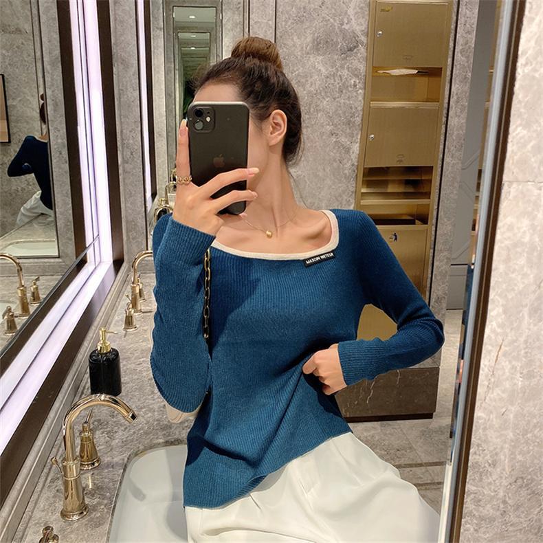 Cross-Border Autumn and Winter New Square Collar Knitwear for Women Korean Style Retro Slim Inner Style Elegant Splicing Knitwear Bottoming Shirt