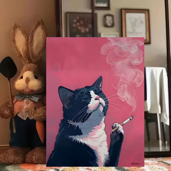 Smoking Cat Canvas Print Poster-Black Cat Theme Wall Art Decoration
