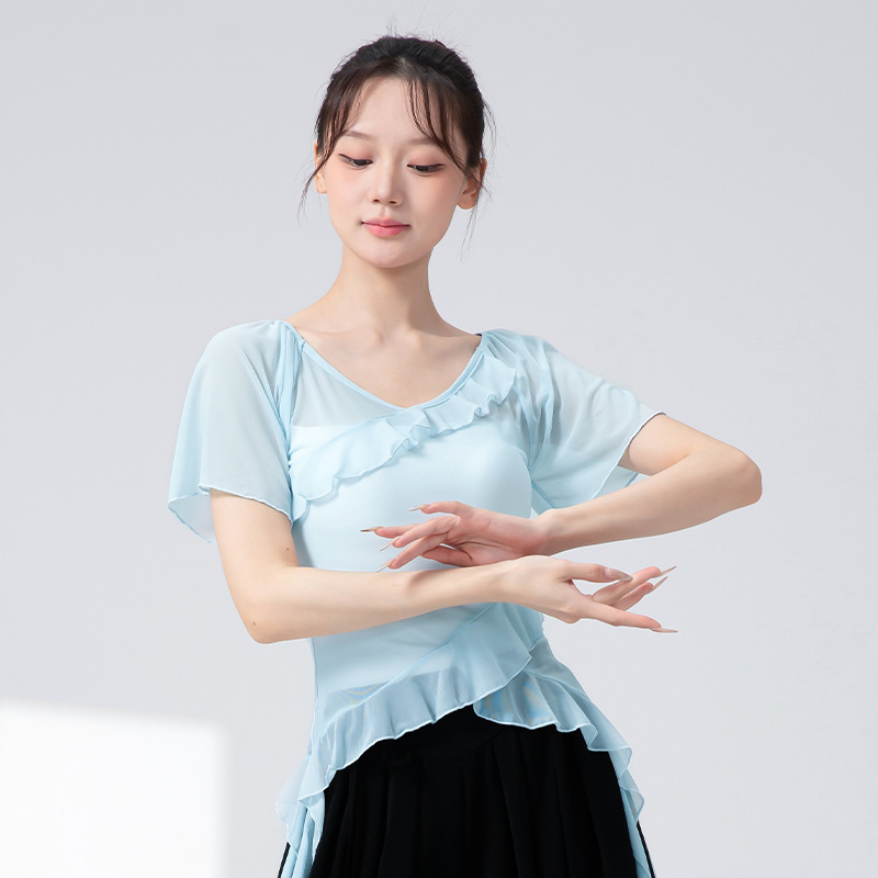 女性用の新しいクラシックダンス服、フリル半袖弾性メッシュトップ、中国モダンダンスボディリズム練習服|undefined