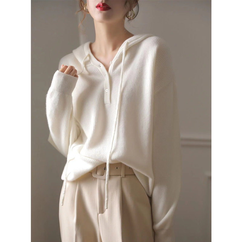Spring and Autumn Hooded Cashmere Knitted Sweater Women's Loose Casual Wool Base Hoodie Trendy Solid Color Slimming Pullover Sweater Spring and Autumn Hooded Cashmere Knitted Sweater Women's Loose Casual Wool Base Hoodie Trendy Solid Color Slimming Pullover Sweater