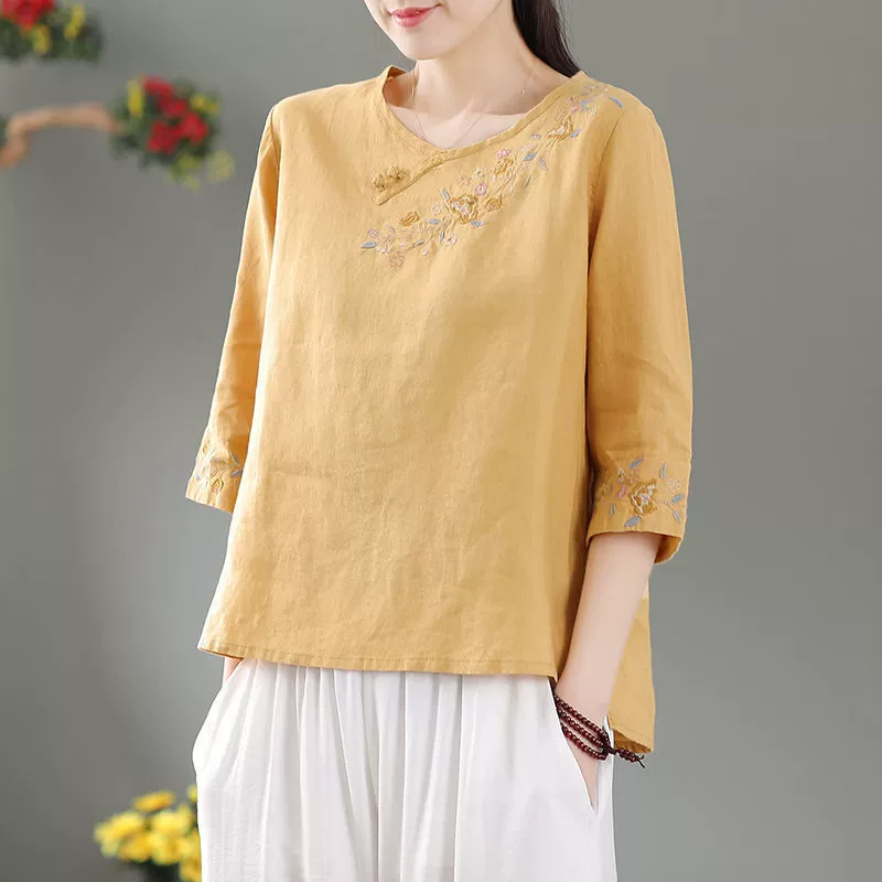 Рубашка из хлопка и льна с пряжкой в стиле ретро, женская футболка с круглым вырезом и коротким рукавом, летняя свободная хлопковая Футболка больших размеров с художественной вышивкой
