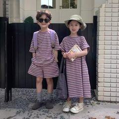 兒童套裝男女童夏季ins條紋短袖短褲女童T恤裙寶寶網紅炸街兄妹裝