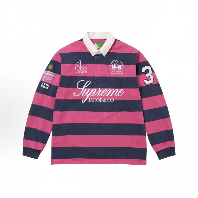 Cross-border high-quality, in-stock Sup collaboration collection: American-style trendy, versatile, color-blocked long-sleeve polo shirt with letter patterns