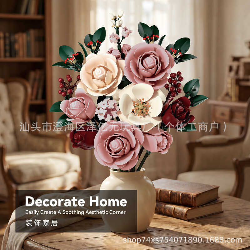 Cross-Border Moonlight Rose Building Block Bouquet Assembly Home Decoration Valentine's Day Selected Gifts in Bulk