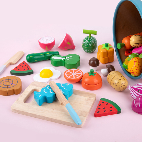 Playhouse kitchen toys for boys and girls, barreled magnetic cutlery, wooden simulated vegetable and fruit combination set