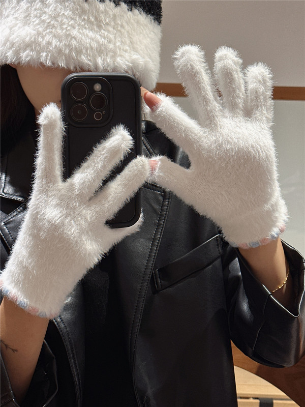 2025新款韩系可爱毛绒手套女冬季加厚保暖防寒露指可触屏手套学生|undefined