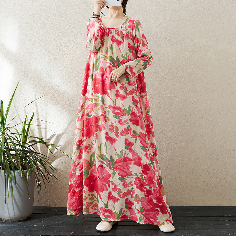 Real Shot of 2025 Early Autumn New Style Round Neck Ruched Loose Lazy Dress Minimalist Long-Sleeve Ultra-Long Dress Vacation Style Real Shot of 2025 Early Autumn New Style Round Neck Ruched Loose Lazy Dress Minimalist Long-Sleeve Ultra-Long Dress Vacation Style