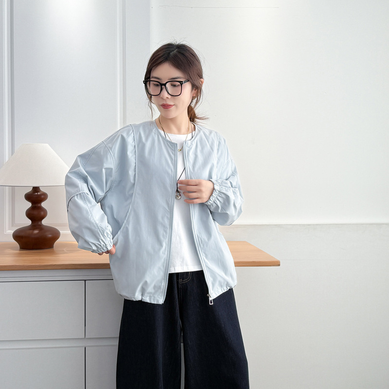 外套胖妹妹秋季2025新款大码200斤下摆抽绳宽松休闲无领夹克上衣|undefined
