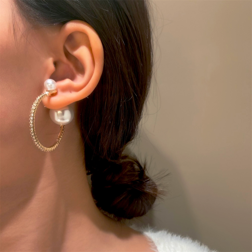 1 Pair Exaggerated Geometric Plating Alloy Artificial Pearls Rhinestones Hoop Earrings display picture 2