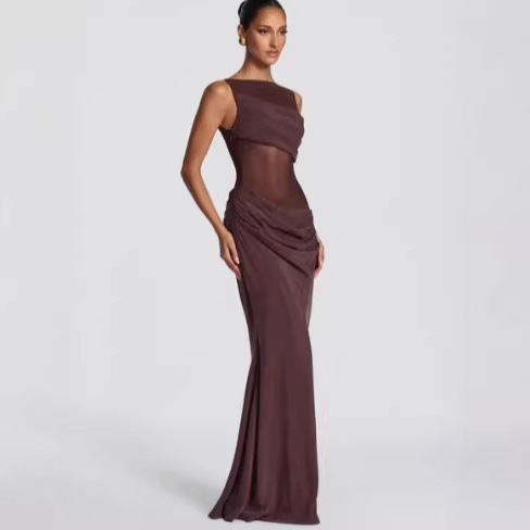 Women's Solid Color Patchwork Slim Fit Dress - Sheer Draped Evening Gown For Sophisticated Style_ecoleips.com