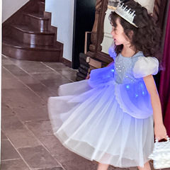 女童2024夏季冰雪奇緣愛莎短袖公主連衣裙六一兒童會發光禮服童裙