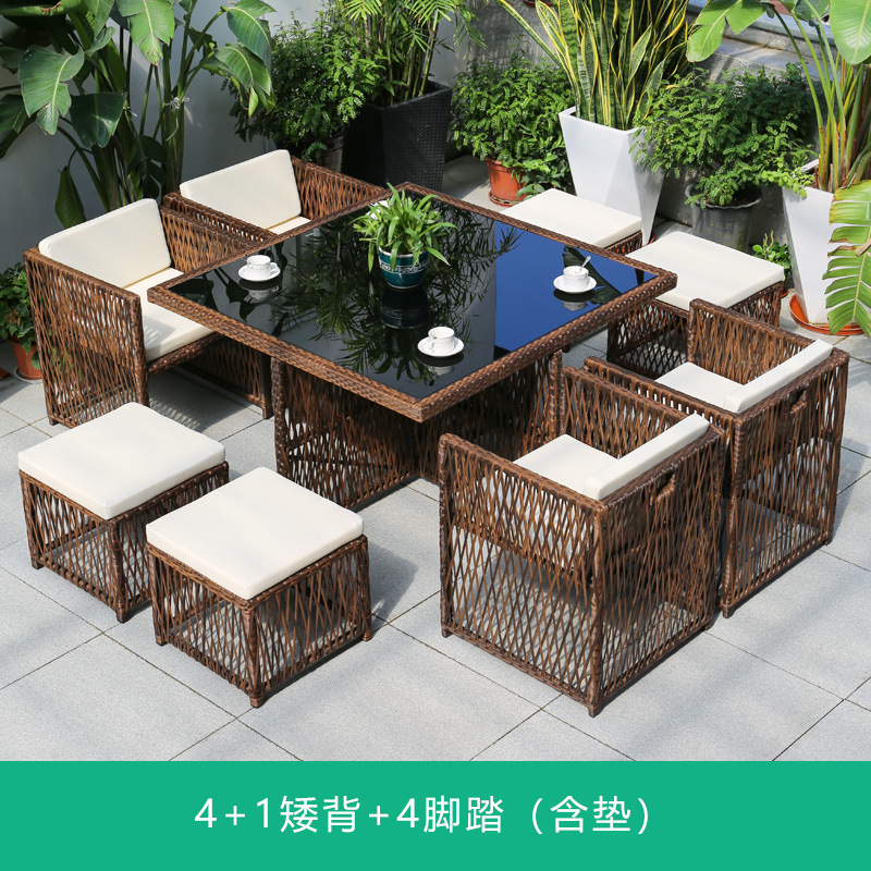 Silla de mimbre al aire libre combinación terraza de ocio balcón silla de ratán patio al aire libre mesa y silla con respaldo impermeable y protector solar